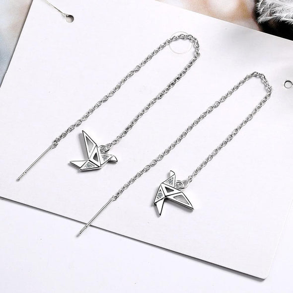 Geometric Silver Crane Drop Earrings