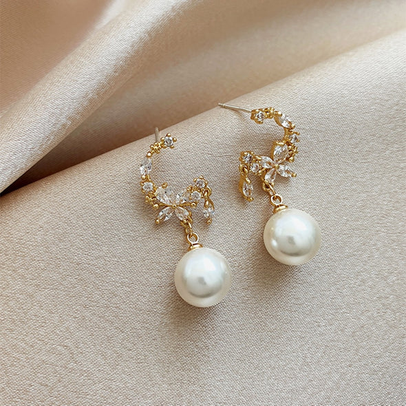 White Flower Pearl Drop Earrings