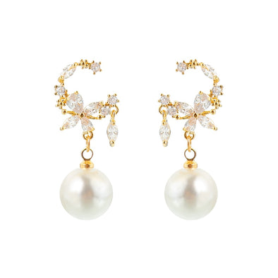 White Flower Pearl Drop Earrings