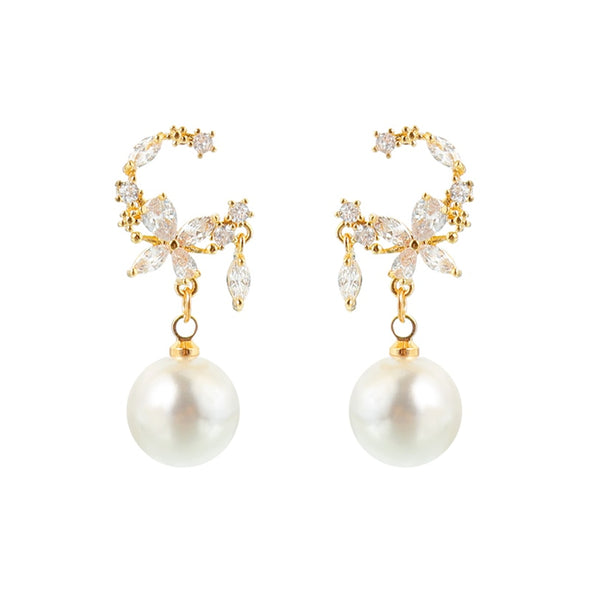 White Flower Pearl Drop Earrings