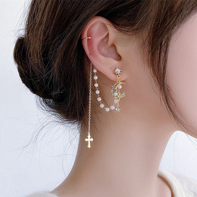 Moon and Cross Pendant Ear Cuff Earring