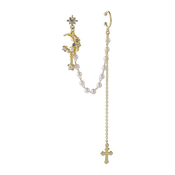 Moon and Cross Pendant Ear Cuff Earring