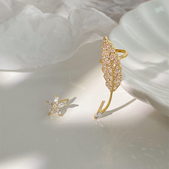 Crystal Leaf Cuff Asymmetrical Earrings