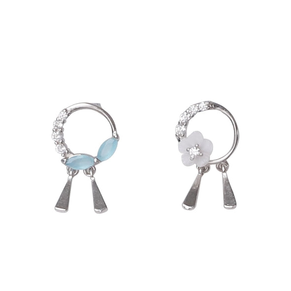 White Flower and Stem Asymmetrical Earrings