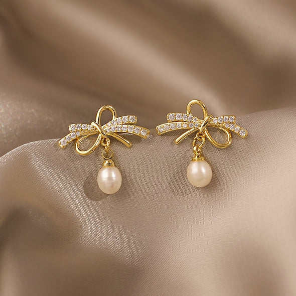 Bow Bouquet Pearl Drop Earrings