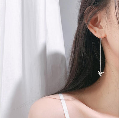 Geometric Silver Crane Drop Earrings