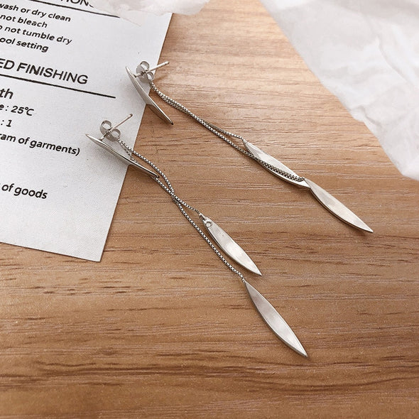 Silver Feather Line Drop Earrings