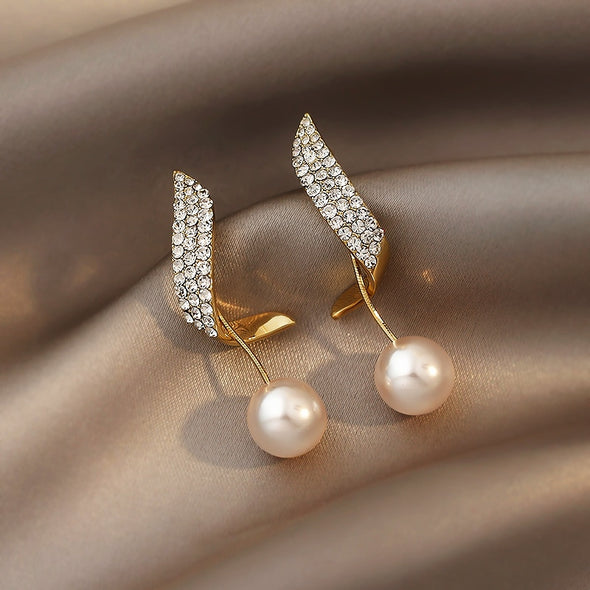 Diamond Wing Pearl Drop Earrings