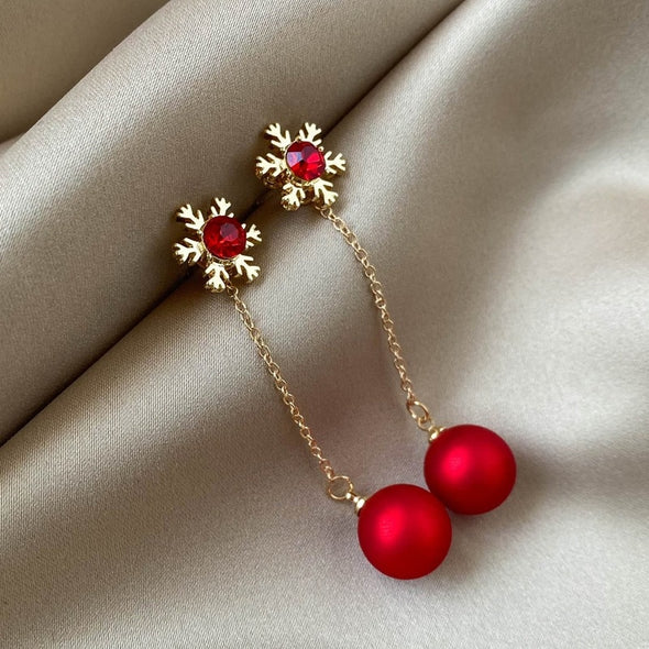 Red Snowflake and Ornament Drop Earrings