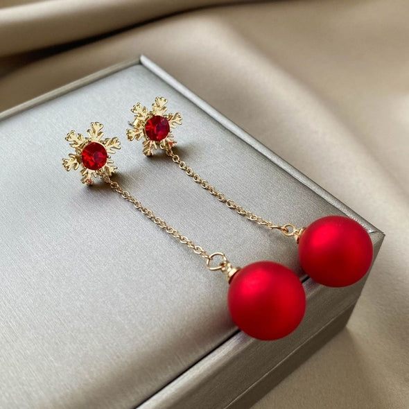 Red Snowflake and Ornament Drop Earrings