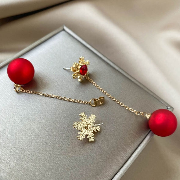 Red Snowflake and Ornament Drop Earrings