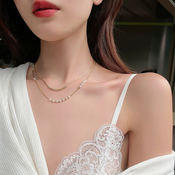 Double Pearl Line Necklace